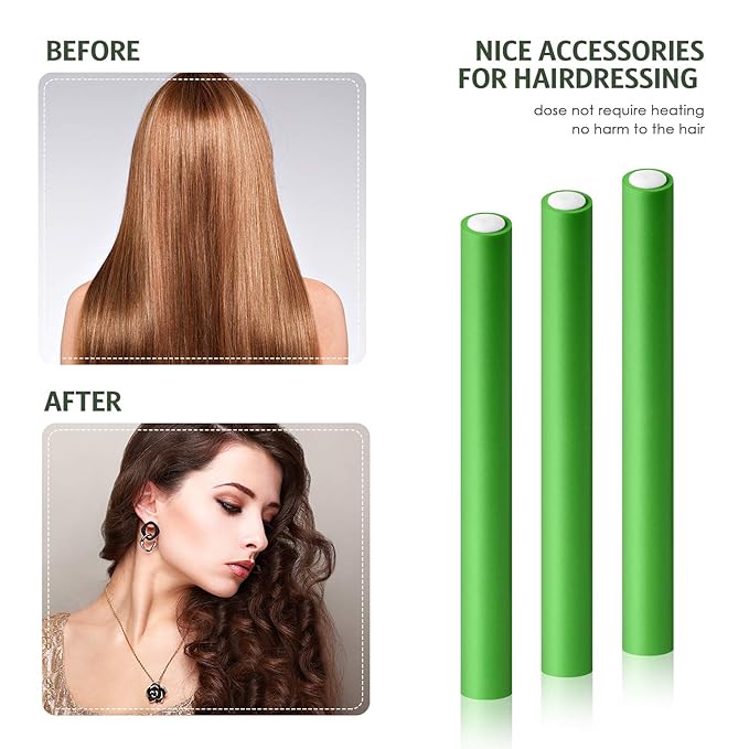 Syhood 30 Pcs Flexible Curling Rods 9.45 Twist Foam Rollers Soft Foam No Heat Hair Rods Rollers and 1 Steel Pintail Comb Rat Tail Comb for Women Long Short Hair(Green,9.45 x 0.79 Inch)