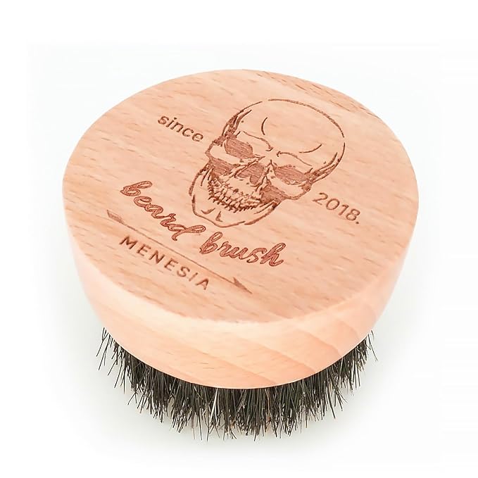Small and Round Beard Brush, Pocket Travel Men's Wooden Boar Bristle Hair Beard Mustache Brush for Men (Skull)