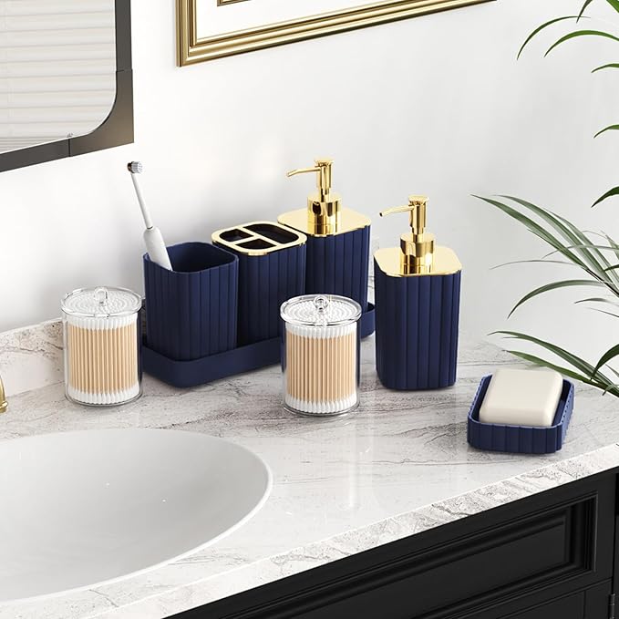 Bathroom Set with Shower Curtain and Rugs- 25PC Blue Bathroom Accessory Set, Navy Blue Shower Curtain Set, Toilet Brush, Trash Can, Qtip Holder & Soap Dispenser