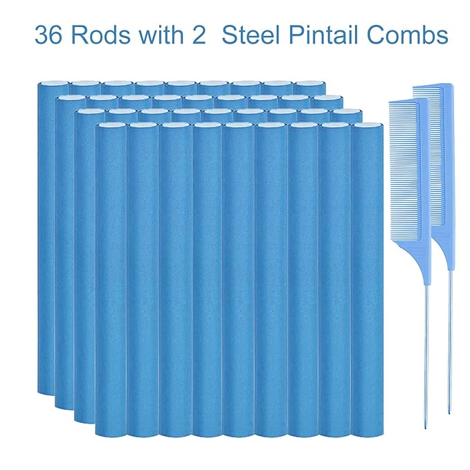 36 Flexi Rods Hair Rollers, Flexible Foam Curling Rods for Long & Short Hair Twist - No Heat Bendy Rollers with 2 Steel Pintail Combs