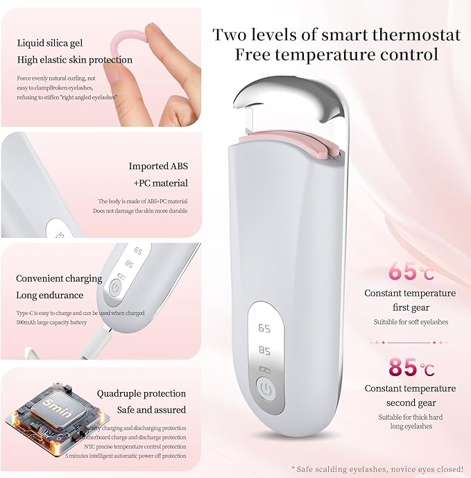 Heated Eyelash Curler for Natural Lashes 2 Level Adjustable Temperature Mini Electric Lash Curler Fast 3 Second Heat Up 24 Hours Long Lasting Curl (PinkBlack)
