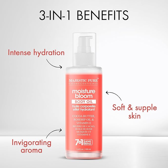 Majestic Pure Moisture Bloom Body Oil -100% Pure & Natural with Cocoa Butter, Rosehip, Vitamin E - After Shower Body Oils for Women and Men - Scented, Radiant, Firming Massage Oil - 3.4 Fl Oz