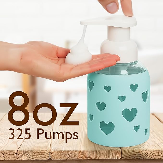 SoCal Suds & Company Foaming Hand Soap Dispenser Glass, Liquid Soap Pump with Heart Silicone Sleeve, Refillable Bottle for Kids, Baby Wash & Shampoo, Ideal for Bathroom & Kitchen Use, Sea Glass, 8oz
