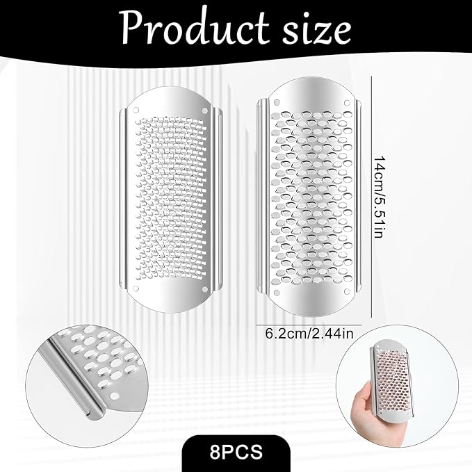 8 PCS Foot File, Callus Remover for Feet Stainless Steel Replacement Blades 2 Designs Big & Fine Hole Foot File Pedicure Tool Detachable Feet Scrubber for Rasp Corn Hard Skin Remove, Wet and Dry Use