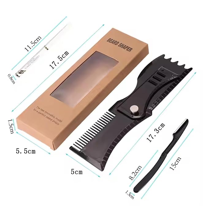 Adjustable Beard Shaper Template For Men- Kit With Flexible Beard Stencils, Barber Pencil & 3 Pcs Foldable Facial Razors, Style Beard As Per Your Face Shape (Beard Shaper - Transparent)