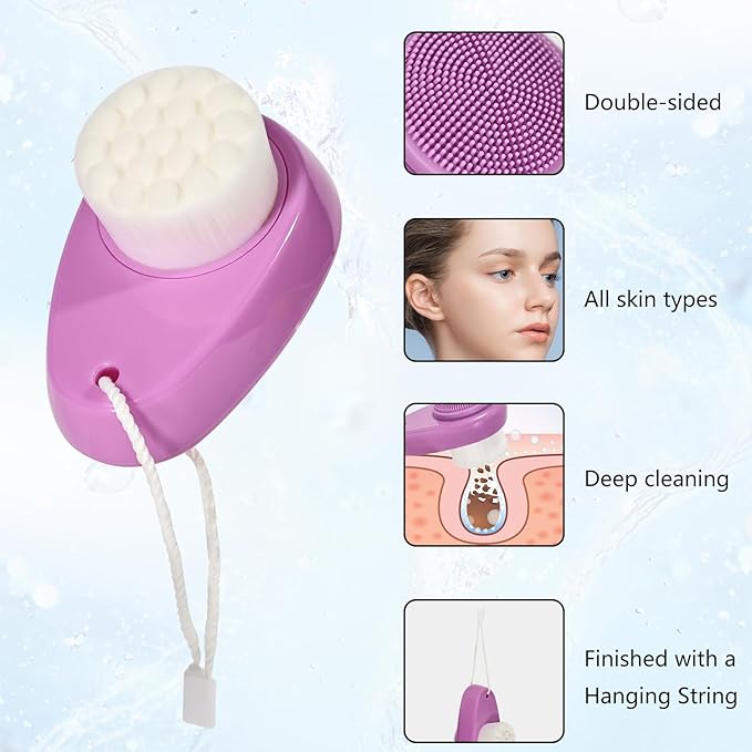 Facial Cleansing Brush 2 Pack, 2 in 1 Silicone Face Scrubber for Men Exfoliating Pore Deep Cleansing, Dual Sided Face Wash Brush with Soft Bamboo Charcoal Microfiber and Lid for Women, Purple