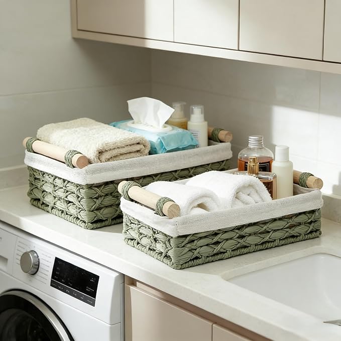 Baskets for Organizing, Set of 2 Green Wicker Bathroom Countertop Baskets with Liner, Paper Rope Basket Organizer with Wooden Handles for Vanity, Counter, Shelf Storage