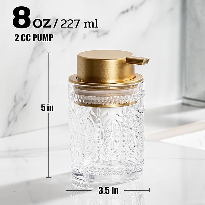 Glass Foaming Soap Dispenser - 8 Oz Foam Hand Soap Dispenser for Bathroom, Face Wash Dispenser Bottle with Golden Foam Pump, Refillable Lotion Dish Dispenser for Kitchen