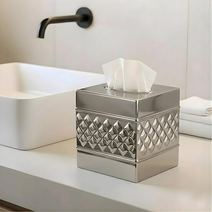 Monarch Abode Tissue Box Cover Square – Handcrafted Geo Embossed Nickel Chrome Finish Metal Tissue Holder Box for Bathroom Accessory, Aesthetic Decorative Facial Napkin Cube for Modern Home Décor