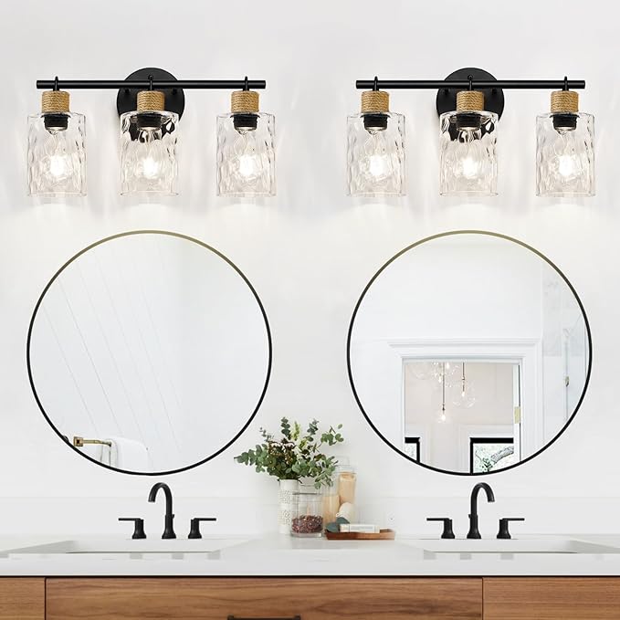 Bathroom Light Fixtures, 3-Light Coastal Vanity Lights with Crystal Glass Shade, Black Bathroom Wall Lamp for Mirror Kitchen Hallway Cabinet