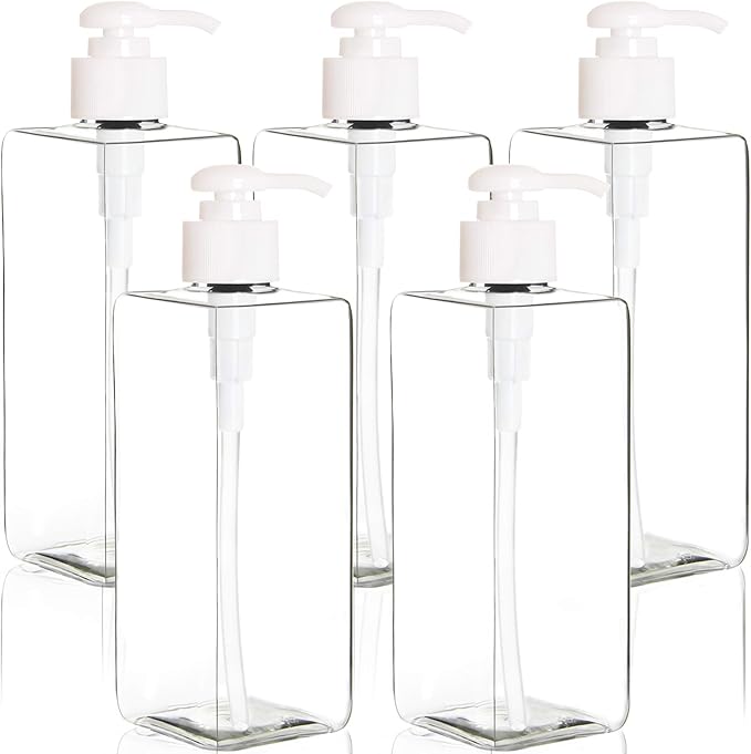 Youngever 5 Pack 16 Ounce Plastic Pump Bottles, Refillable Square Plastic Pump Bottles for Dispensing Lotions, Shampoos and More (Clear)
