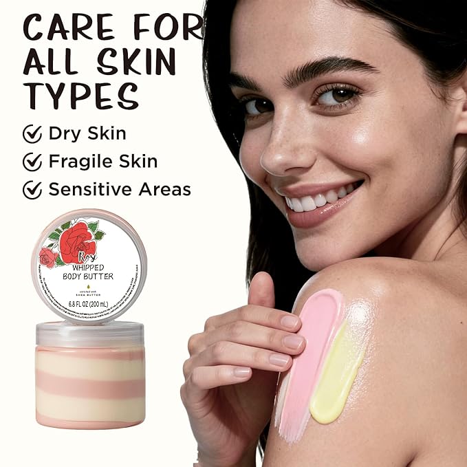 Rose Whipped Body Butter, Shea Body Butter for Women Dry Skin, Natural Rose Lotion for Body Moisturizer-Deep Moisturizing and Softening-3.4 floz+6.8 floz(100ml+200ml)