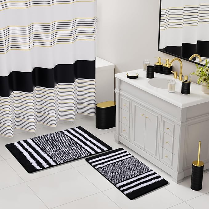 Bathroom Set - Bathroom Sets with Shower Curtain and Rugs, 25PC Bathroom Accessory Set, Black Bathroom Accessories Set with Trash Can, Soap Dispensers
