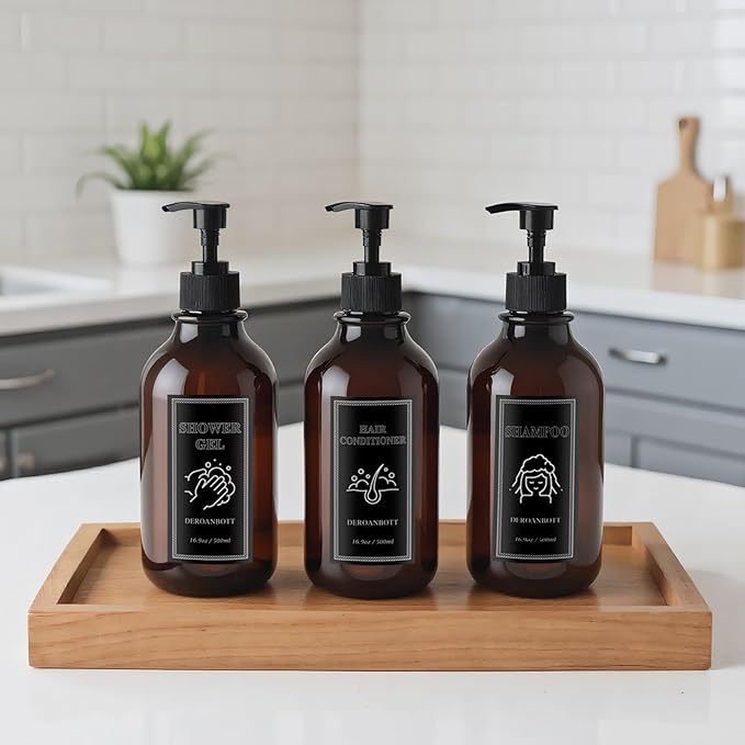 Shampoo and Conditioner Dispenser, Refillable Plastic Shampoo Pump Bottles with Waterproof Labels, Empty Body Wash Dispenser Set for Bathroom, Shower Soap Bottles (Brown)