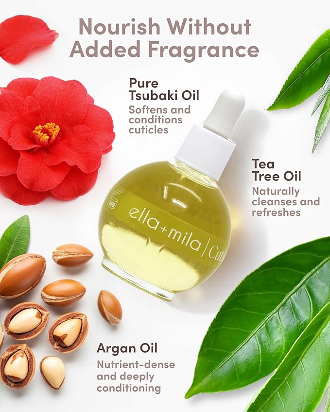 ella+mila Fragrance-Free Cuticle Oil with Pure Tsubaki & Argan - 100% Natural Nail & Cuticle Treatment - Vegan - 2.3 fl oz