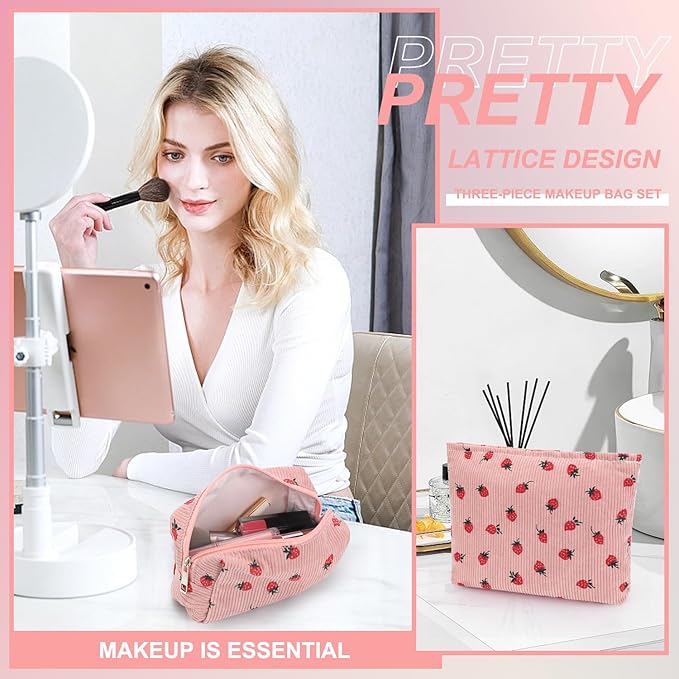EIMMBD Makeup Bag 3 Pieces Large Capacity Cosmetic Bags Travel Toiletry Bag Organizer Cute Makeup Pouch Storage for Women(Pink Strawberry)
