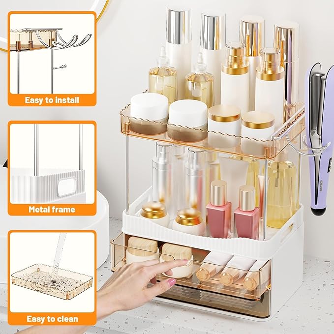 Bathroom Counter Organizer with Hairdryer Holder, 2-Tier 2-Drawer Shower Organizer for Skincare, Makeup Cosmetics, Large Capacity Vanity Organizer, Bathroom Decor, Valentine's Day(Amber)