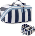 DYSHAYEN Stripe Travel Makeup Bag with Compartments Clear Coated Cosmetic Bag for Women, Waterproof Portable Open Flat Toiletry bag （White-Navy）
