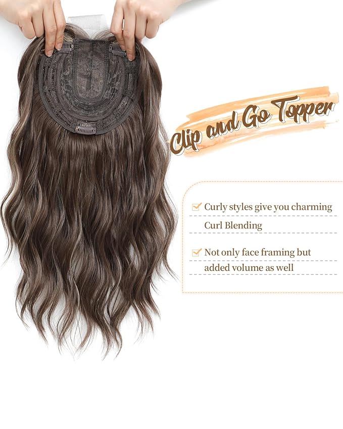 PANEWAY Hair Topper 16Inch Hair Toppers For Women Wavy Curly Brown Highlights Clip In Synthetic Wiglets for Women