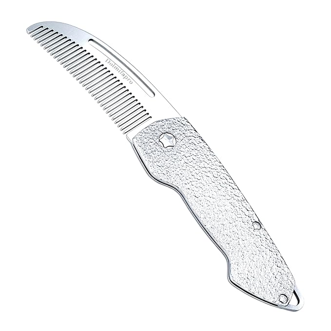 Small Folding Mustache Comb, Metal Beard Comb for men Pocket Mini Portable Fits In Keychain Anti-Static (Hammer Pattern)