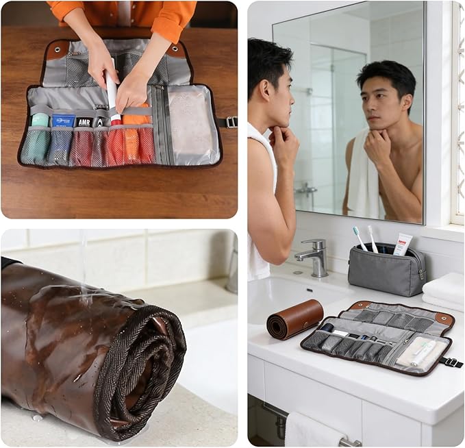 Men's Toiletry Travel Bag, Bathroom Bag For Traveling，Large 21-Inch Roll-Up Dopp Kit, Waterproof PU Leather Compact Organizer for Shaving & Bathroom Essentials