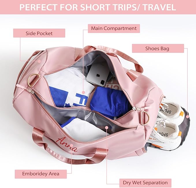 Flycalf Personalized Duffel Bag Dance Travel Bag with Embroidery Name with Shoe Compartment for Sports Gym