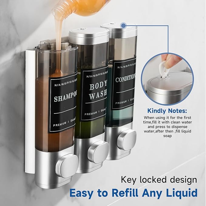 Shower Soap Dispenser 3 Chamber No Drill Wall-Mounted,Shampoo and Conditioner Dispenser Shampoo Dispenser for Shower Wall Mounted Body Wash Dispenser for Bathroom Hotel Kitchen Large Capacity