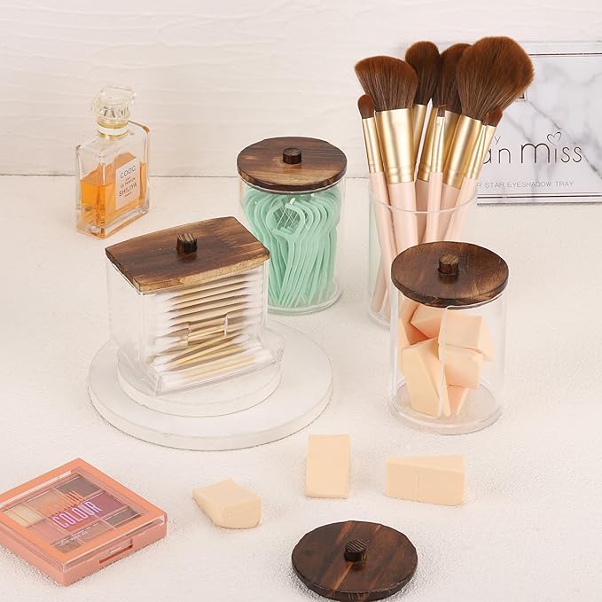 Tbestmax 4 Pack Qtip Holder Dispenser, 10/7oz Bathroom Container for Cotton Ball Cotton Swabs Pads, Apothecary Jar with Wood Lids for Organizer and Storage (Brown)