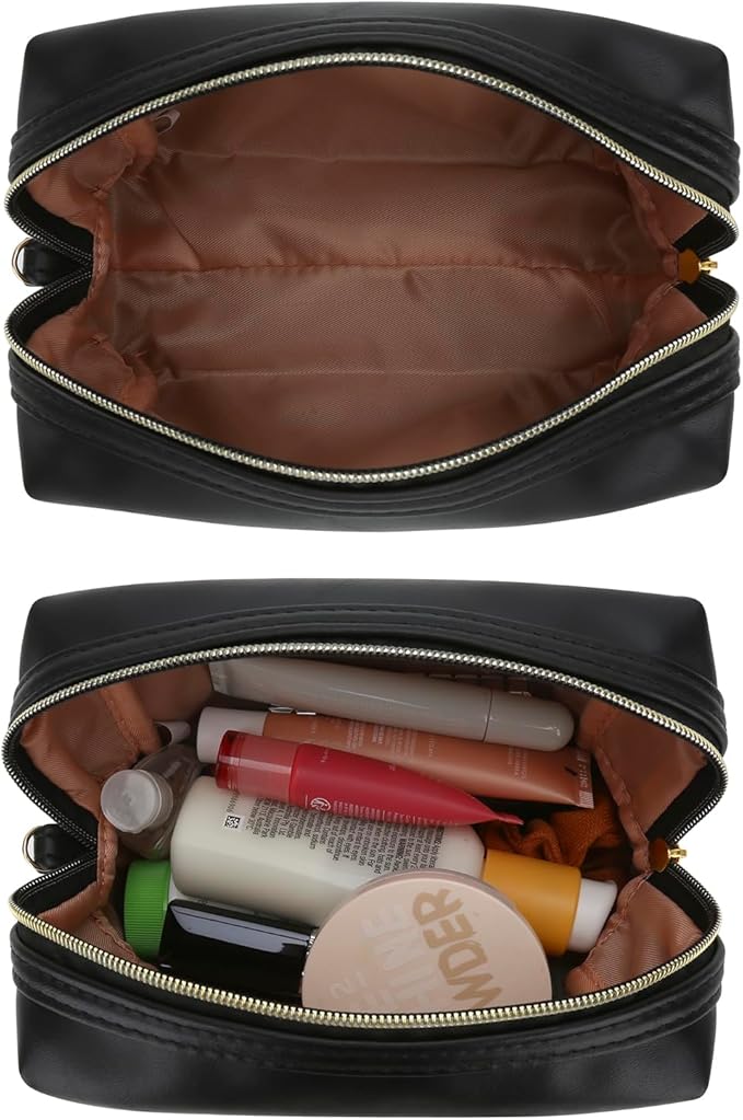Small Makeup Bag Travel Cosmetic Bag Toiletry Zipper Pouch Make Up Organizer Bag with Handle Purse for Women Soft PU Leather Skincare Case (Black)