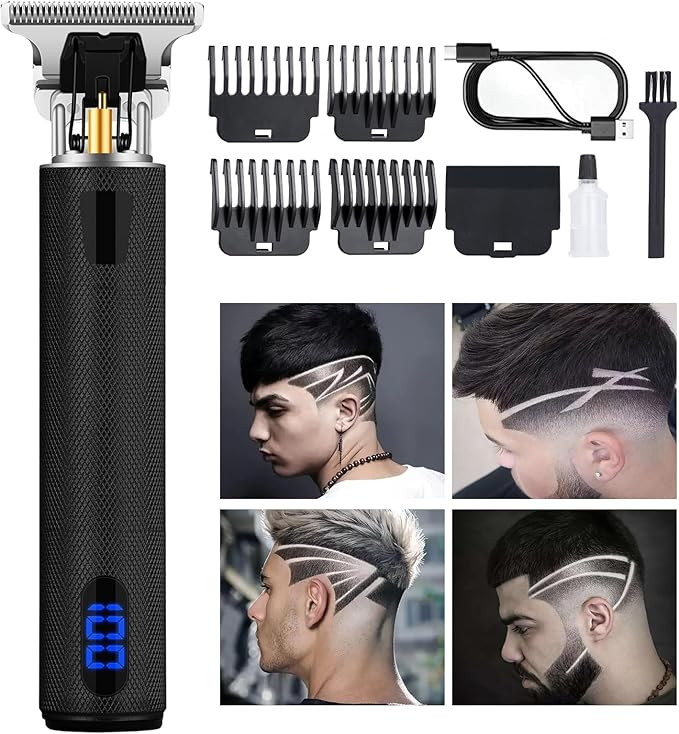 Professional Hair Trimmer for Men, Beard Trimmer Hair Clippers for Men, Cordless Rechargeable Hair Trimmer Metal Body Cutting Grooming Kit,Beard Shaver Barbershop (Black with LCD)