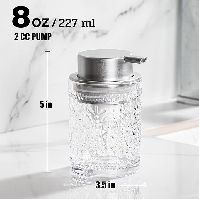Glass Foam Soap Dispenser, 8 Oz Face Wash Dispenser for Bathroom, Vintage Glass Clear Foaming Hand Soap Dispenser, Small Refillable Lotion Dish Dispenser for Kitchen, Matte Silver Pump