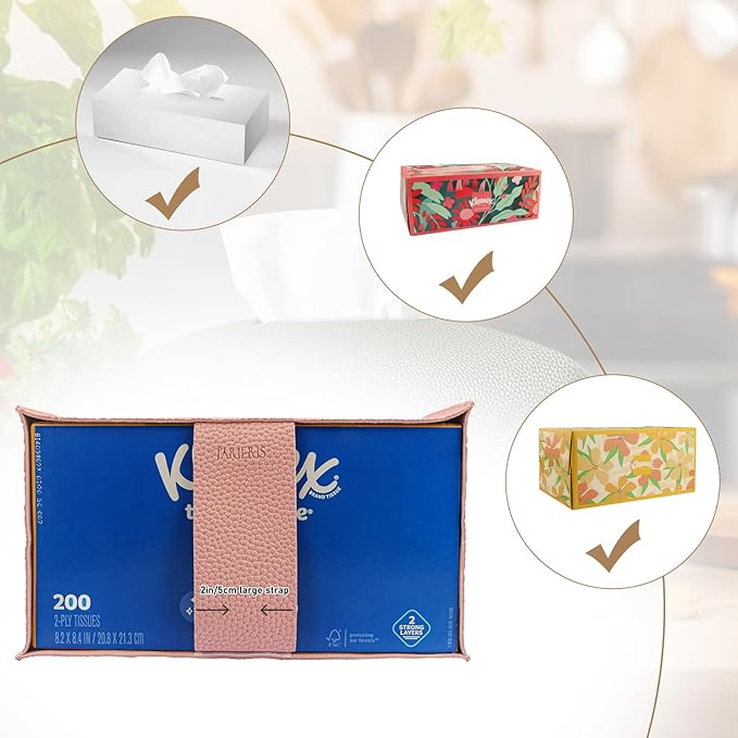 Tissue Box Cover PU Leather Tissue Holder Rectangle Facial Tissue Case Tissue Box Organizer Dispenser for Bathroom, Kitchen, Home, Office, Tabletop (SoftPink, Short)