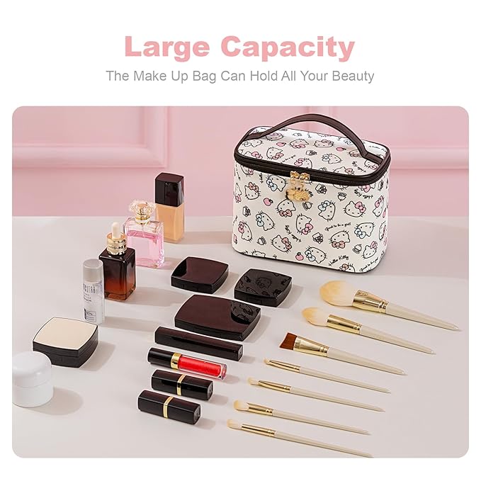 Vimanllie Cosmetic Bag Large Makeup Bag,Travel Toiletry Bags Organizer for Women,Cute Print Canvas Case with Brush Holder for Girls - Beauty Organizer for Home&Travel with Handle Cartoon Cute