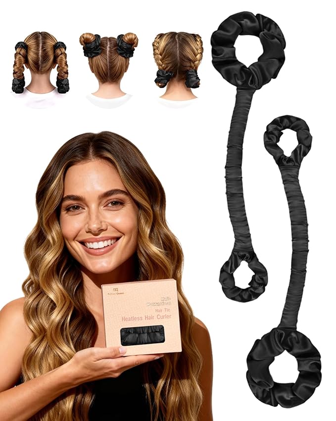 BONNET QUEEN Heatless Hair Curler Set (2Pcs), Heatless Curls Overnight with Satin Hair Rollers, All-in-One Curling Rod for Hair Curlers to Sleep In, Black(For Bouncy Curls)