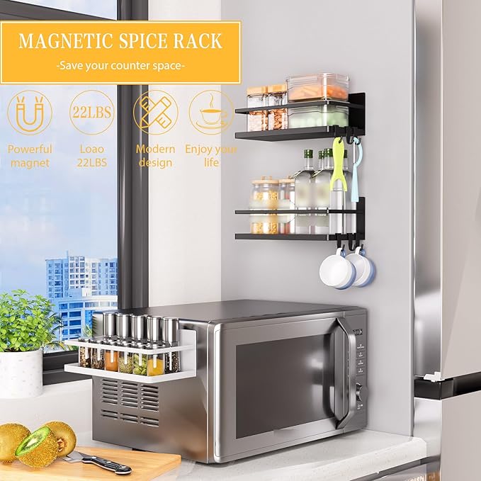 Magnetic Spice Rack for Refrigerator, 2 Pack Magnetic Shelf, Fridge Magnet Organizer with Moveable 6 Hooks, Magnetic Fridge Shelf for Kitchen Organization and Storage(Black, 2 Pack)