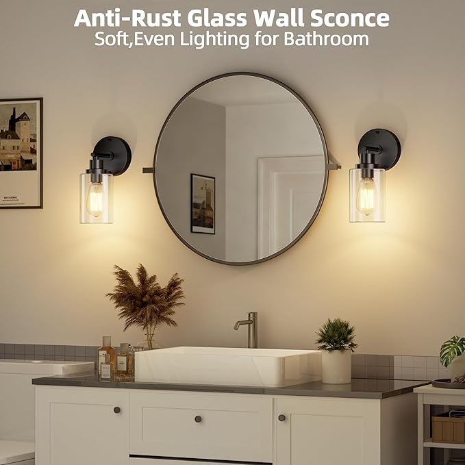 GORDNWE 1-Light Bathroom Wall Sconce, Matte Black Vanity Light, Modern Wall Light Fixture with Clear Glass Shade and E26 Bulb Base, Wall Lamp Wall Mount Light Fixtures for Mirror, Bedroom, Hallway