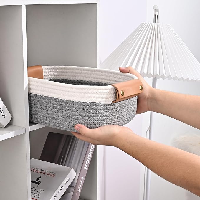 Storage Baskets for Organizing, Small Woven Basket Set of 6-4 Shelf Basket with Leather Handle and 2 Small Gift Baskets, Cotton Rope Basket for Shelves, Nursery, Dog Toy, Bathroom