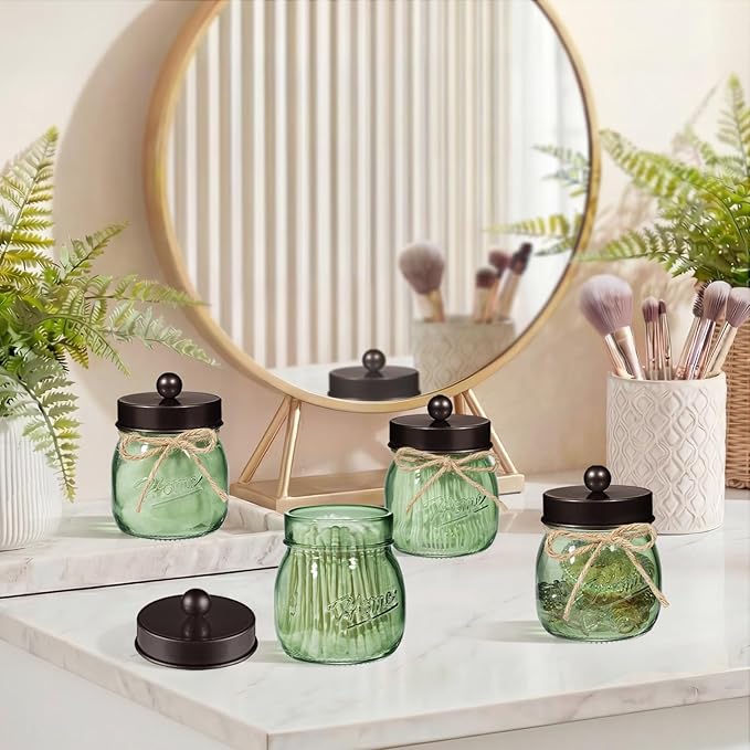 SheeChung Green Glass Qtip Holder Dispenser, Mason Jar Apothecary Jars with Lids, Bathroom Organizers and Storage, Vanity Countertop Canisters Set for Cotton Swab, Ball, Pad, Floss Pick-Bronze, 2 Pack