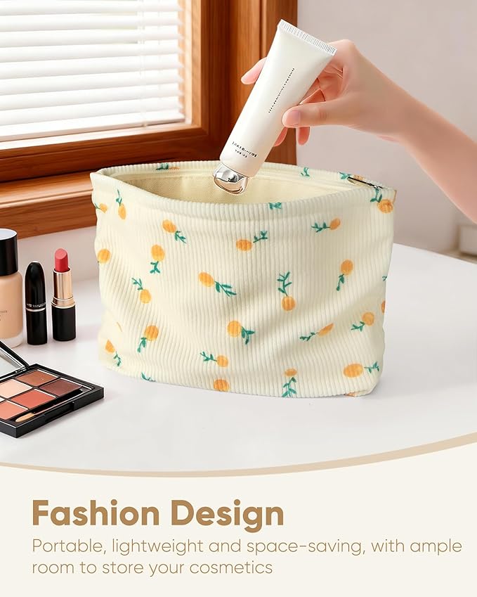 Cute Orange Beige Makeup Pouch for Women Small Make Up Fruit Pattern Bag for Purse Zipper Initial Makeup Cosmetic Bags Pouches for Purse Aesthetic Travel Toiletry Bags Gift
