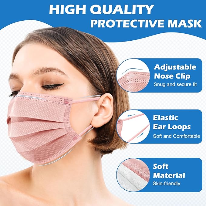 ZIYE 100/500 Pcs Disposable Face Masks, Breathable Mask 3 Layer with Nose Clip Elastic Earloop（Multicolor/Black）