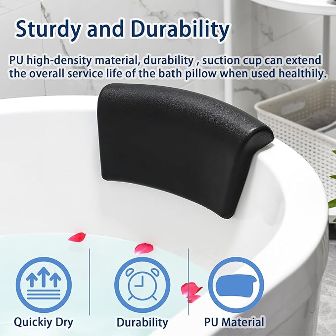 Bath Pillow, Bath Pillows for Tub with Head, Neck and Shoulder Support, Ergonomic Waterproof Bathtub Pillow with Strong Non-Slip Suction Cups, Relaxing Spa, Hot Tubs, Bathroom Essentials Black