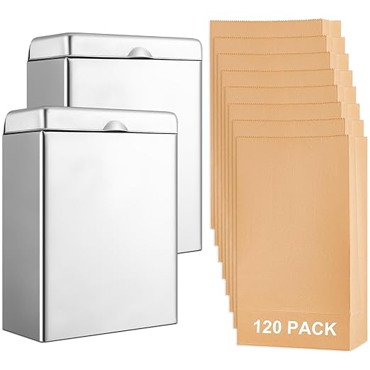Tioncy 2 Pcs Sanitary Napkin Receptacle with 100 Feminine Hygiene Liner Bag Wall Mounted Tampon Holder for Bathroom Sanitary Napkin Disposal Bags Tampon Disposal Bin for Home Public Restrooms