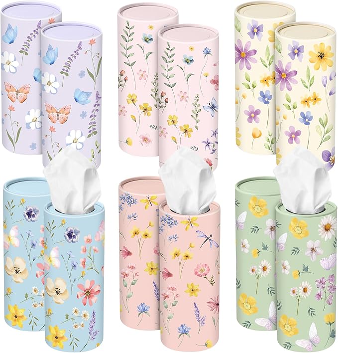 Outus 12 Pcs Floral Car Tissue Holder Cylinders with 3 Ply Facial Tissue Bulk, Portable Paper Dispenser for Cup Holder, Travel Bathroom Table Decor, Tissues Boxes Container for Home Office Party