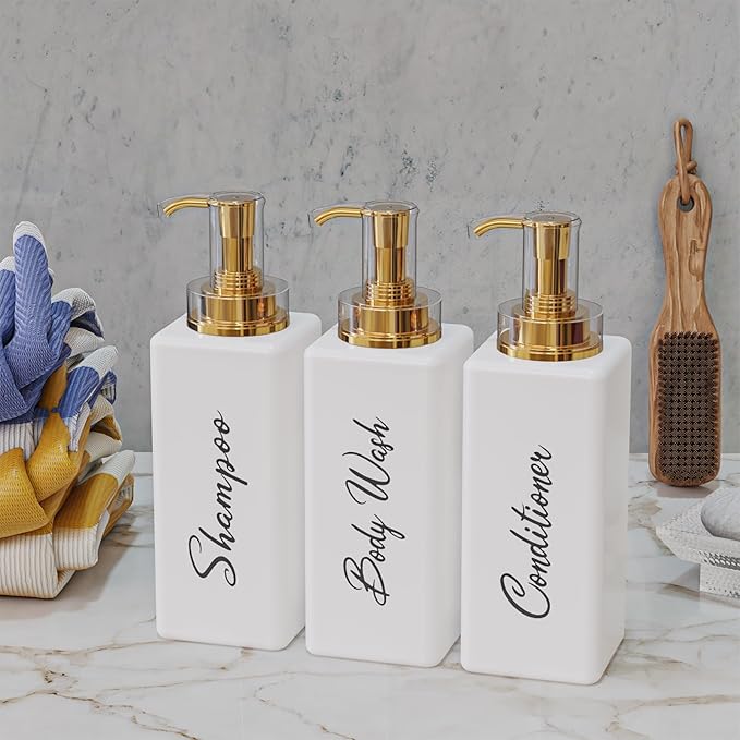 Akalin Refillable Shampoo and Conditioner Bottles, 16oz White and Gold Soap Dispenser Bathroom, Shampoo and Conditioner Dispenser for Bathroom Lotion Body Wash Massage Oils (White)