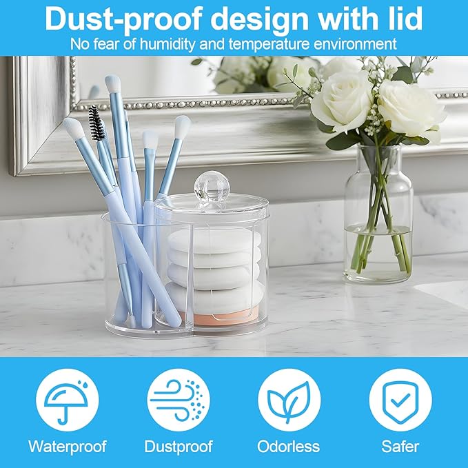Cotton Swab Holder Dispenser Dual-Compartment Cotton Organizer Clear Vanity Canister with Removable Dustproof Lid Bathroom Accessories Storage Organizer for Cottons Swabs Balls Pads Floss