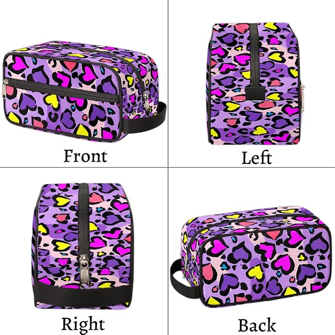 Heart Shape Leopard Skin Print Kids Toiletry Bag for Boys Girls, Cosmetic Makeup Bag with Handle, Travel Shaving Kit Organizer, Waterproof Portable Wash Bag for Gym Vacation Camping Sports