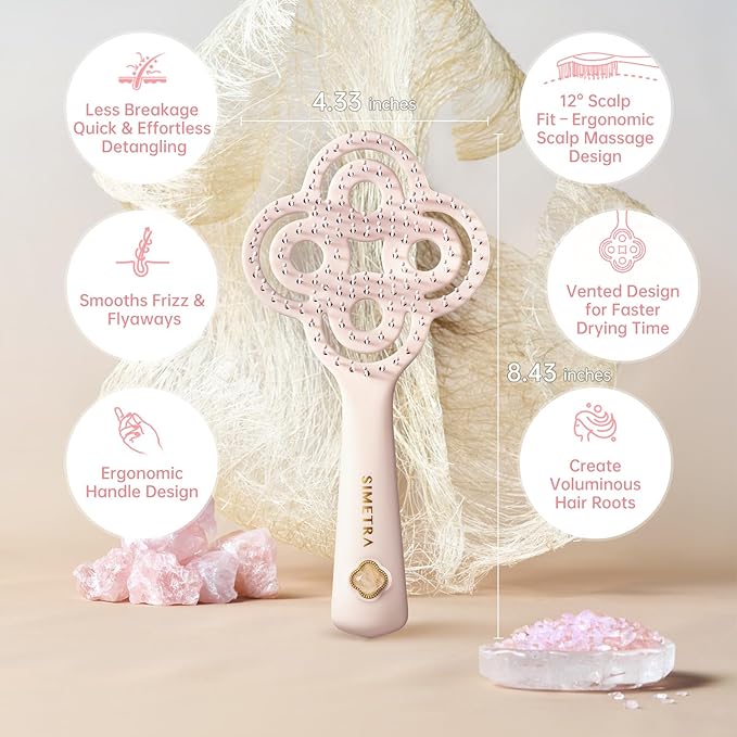 Simetra Detangler Hair Brush for Woman and Men, Original Detangling Brush for Curly Hair/Fine &Thick/Wet & Dry Hair, Flexible Bristles Hairbrush - Natural Crystal Inlay & 14K Gold Plating