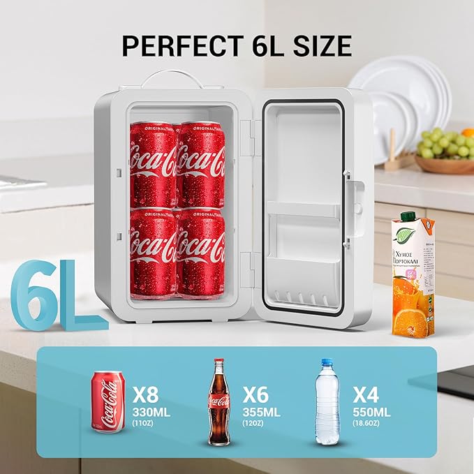 SUAVO Mini Fridge for Bedroom Skincare Fridge 6L/8 Cans Small Refrigerator Compact Refrigerator 110V AC/12V DC Portable Cooler and Warmer for Skin Care Cosmetic Beverages Drinks, Office Dorm and Car