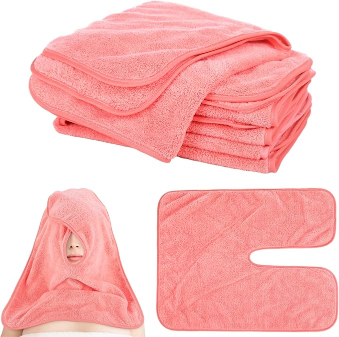 DIMEGON 12 Pcs Facial Towels for Estheticians, U-Shaped Coral Fleece Towels, Large Size with Split Face Hole Design, Easy to Clean, Machine Washable, Ultra Absorbent for Beautiful Salon, Pink