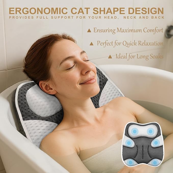 Bath Pillow for Tub Ergonomic Cat Shape and Bear Shape Design Bath Pillow for Head and Neck Support SPA Gift Bathtub Pillow 4D Air-Mesh with Suction Cups Washable Gray(1 Pack)